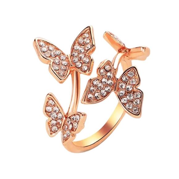Dancing Butterfly Rose Gold Tone Crystal Adjustable Ring NWT - Picture 1 of 12